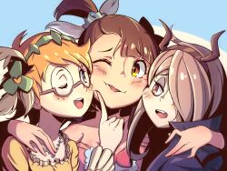 Rule 34 | 3girls, ;p, absurdres, black bow, blonde hair, blue background, bow, brown hair, dress, everyone, fake horns, fang, glasses, hair bow, hair over one eye, halloween costume, hand on another&#039;s shoulder, highres, horns, hug, jewelry, kagari atsuko, little witch academia, lotte jansson, madabau, multiple girls, necklace, one eye closed, open mouth, pink bow, simple background, sucy manbavaran, tongue, tongue out, witch, yellow dress, yellow eyes