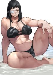 Rule 34 | 1girl, abs, absurdres, bare shoulders, biceps, bikini, black bikini, black hair, breasts, cleavage, collarbone, eyepatch, grin, highres, jormungand (manga), knee up, large breasts, long hair, looking to the side, muscular, muscular female, navel, sidelocks, sitting, smile, sofia valmer, solo, swimsuit, thick thighs, thighs, yellow eyes, yoshio (55level)
