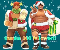Rule 34 | 2boys, :q, abs, absurdres, akiha gongen (housamo), alternate costume, animal ears, bandaid, bandaid on face, bandaid on nose, bara, bare pectorals, bell, black footwear, black socks, bow, brown eyes, brown hair, brown pants, capelet, checkered clothes, checkered scarf, christmas, clenched hand, closed eyes, cow boy, cow ears, cow horns, dark-skinned male, dark skin, eye black, facial hair, fiery horns, forked eyebrows, fur-trimmed capelet, fur-trimmed footwear, fur-trimmed shorts, fur-trimmed vest, fur trim, garter belt, glowing horns, goatee, green scarf, grin, hat, highres, holding, holding sack, horns, jingle bell, large pectorals, looking at viewer, male focus, milestone celebration, multicolored hair, multiple boys, muscular, muscular male, nipples, oo12hhh, pants, pectorals, red capelet, red shorts, red vest, sack, santa costume, santa hat, scar, scarf, short hair, shorts, sideburns, single horn, sleeves rolled up, smile, snowflakes, socks, sparkle, spiked hair, strongman waist, sweater, thick eyebrows, thumbs up, tokyo houkago summoners, tongue, tongue out, topless male, two-tone hair, v, vest, wakan tanka, white hair
