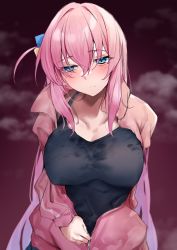 Rule 34 | 1girl, black tank top, blush, bocchi the rock!, breasts, commentary request, cube hair ornament, gotoh hitori, hair ornament, highres, jacket, large breasts, one side up, open clothes, open jacket, partially unzipped, pink hair, pink jacket, simple background, solo, steam, steaming body, tank top, upper body, wet, wet clothes, yuki maccha (yukimattya10)