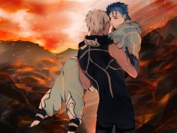 Rule 34 | 2boys, archer (fate), archer alter (fate), ash, bare shoulders, blue hair, capelet, carrying, cloak, cu chulainn (caster) (fate), cu chulainn (fate), dark-skinned male, dark skin, fate/grand order, fate/grand order: first order, fate/stay night, fate (series), fingerless gloves, from behind, gloves, hood, hooded capelet, long hair, male focus, multiple boys, namahamu (hmhm 81), no shoes, princess carry, red eyes, ruins, skirt, white hair, yaoi
