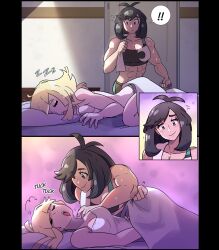 Rule 34 | !, !!, abs, absurdres, aged up, alternate muscle size, black hair, blonde hair, creatures (company), game freak, highres, juno son, lillie (pokemon), muscular, muscular female, nintendo, pokemon, pokemon sm, selene (pokemon), yuri, zzz