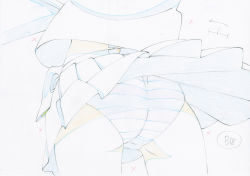 Rule 34 | 10s, 1girl, ass, close-up, color trace, commentary, highres, key frame, kill la kill, matoi ryuuko, official art, panties, pantyshot, partially colored, production art, sketch, striped clothes, striped panties, traditional media, trigger (company), truth, underwear, upshirt, upskirt