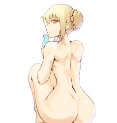 Rule 34 | 1girl, artoria pendragon (all), artoria pendragon (fate), ass, back, blonde hair, braid, braided bun, breasts, closed mouth, commentary, completely nude, expressionless, fate/stay night, fate (series), food, from behind, full body, hair bun, highres, holding, holding food, large breasts, legs, looking at viewer, looking back, muscular, muscular female, nude, orange eyes, popsicle, profile, saber (fate), simple background, single hair bun, sitting, solo, sookmo, underboob, white background