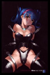 Rule 34 | 1girl, bdsm, belt, black theme, blue hair, bondage, bound, breasts, cleavage, highres, jewelry, necklace, panties, scan, solo, thighhighs, underwear, yellow eyes, yoshizaki mine