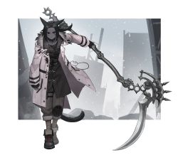 Rule 34 | 1girl, absurdres, animal ears, warrior of light (ff14), black hair, black skin, blue eyes, colored skin, final fantasy, final fantasy xiv, fingerless gloves, fur trim, gloves, highres, holding, holding scythe, holding weapon, long coat, looking at viewer, midd night, ponytail, ruins, scythe, snow, snowing, solo, tail, tostantan, weapon, wind, wind lift
