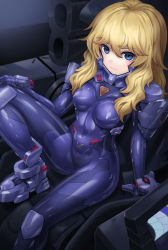 Rule 34 | 1girl, bernadette le tigre de la riviere, blonde hair, blue eyes, bodysuit, breasts, closed mouth, cockpit, covered navel, fortified suit, hair between eyes, hand on own knee, highres, kurione (zassou), long hair, looking at viewer, medium breasts, muv-luv, muv-luv alternative, pilot suit, purple bodysuit, sitting, skin tight, solo, the euro front, wavy hair