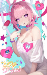 Rule 34 | 1girl, absurdres, ahoge, aqua background, aqua hair, armpit crease, bangle, bare shoulders, belt, belt collar, blurry, blurry background, bob cut, bracelet, breasts, character signature, choker, cleavage, collar, collarbone, colored inner hair, commentary, cross, devvryo, earrings, fang, heart, heart-shaped lock, heart-shaped ornament, heart collar, highres, idolmaster, idolmaster cinderella girls, idolmaster cinderella girls starlight stage, jewelry, large breasts, latin cross, long bangs, looking at viewer, multicolored hair, off-shoulder shirt, off shoulder, open mouth, pill, pill earrings, pill ring, pink belt, pink choker, pink collar, pink eyes, pink hair, pink lips, purple wristband, ring, shirt, short sleeves, sitting, skeleton print, skin fang, solo, star (symbol), t-shirt, teeth, thighs, two-tone background, two-tone hair, white background, white shirt, yumemi riamu