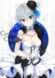 Rule 34 | 1girl, ahoge, anastasia (idolmaster), ashita (2010), bad id, bad twitter id, black hat, blue eyes, breasts, cleavage, commentary request, dress, fur trim, gloves, hat, idolmaster, idolmaster cinderella girls, jewelry, medium breasts, necklace, short hair, smile, solo, star (sky), white dress, white gloves