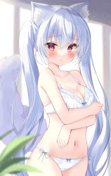 Rule 34 | 1girl, animal ears, arms under breasts, bare arms, bare shoulders, blue bow, blue hair, blurry, blurry background, blurry foreground, blush, bow, bow bra, bow panties, bra, breasts, cleavage, closed mouth, collarbone, commentary, cowboy shot, eyes visible through hair, fox ears, fox girl, fox tail, hair between eyes, hamico, highres, long hair, looking at viewer, medium breasts, navel, original, panties, plant, red eyes, side-tie panties, solo, stomach, tail, tail raised, tearing up, twintails, underwear, underwear only, very long hair, white bra, white panties