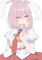 Rule 34 | 1girl, alternate hair length, alternate hairstyle, animal ears, blush, closed mouth, collared shirt, eyes visible through hair, flying sweatdrops, hair between eyes, highres, looking at viewer, necktie, pink hair, puffy short sleeves, puffy sleeves, rabbit ears, red eyes, red necktie, red skirt, reisen udongein inaba, shirt, short hair, short sleeves, simple background, skirt, solo, touhou, tsukimirin, upper body, white background, white shirt