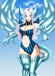 Rule 34 | 1girl, blue eyes, breasts, claws, cleavage, demon girl, fairy tail, highres, horns, kodansha, large breasts, lipstick, long hair, makeup, mirajane strauss, solo, tail, white hair, wings
