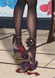 Rule 34 | absurdres, anklet, chiori (genshin impact), close-up, clothes, feet, floral background, flower, foot focus, genshin impact, heel-less heels, heel focus, heel up, heels, highres, japanese clothes, jewelry, pantyhose, ribbon, sandals, shoes, soles, strapped heels, tile floor, tiles, tiptoes, unworn sandals