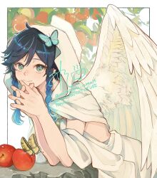 Rule 34 | 1boy, absurdres, androgynous, angel, angel wings, apple, aqua hair, black hair, blue butterfly, braid, bug, butterfly, butterfly on head, elbow rest, feathered wings, food, fruit, genshin impact, gradient hair, green eyes, highres, insect, looking at viewer, male focus, misoshiru umai4, multicolored hair, own hands together, red apple, short hair with long locks, side braids, signature, smile, solo, twin braids, two-tone hair, venti (archon) (genshin impact), venti (genshin impact), wings, yellow butterfly