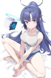 Rule 34 | 1girl, alternate costume, bare arms, bare shoulders, barefoot, bed sheet, black halo, blue archive, blue eyes, blue hair, blue shorts, breasts, chikoku, closed mouth, collarbone, commentary request, crossed arms, crossed legs, drone, feet, from above, full body, hair intakes, halo, high ponytail, highres, long hair, looking at viewer, mechanical halo, medium breasts, micro shorts, on bed, parted bangs, ponytail, short shorts, shorts, simple background, sitting, solo, tank top, thick thighs, thighs, very long hair, white background, white tank top, yuuka (blue archive)
