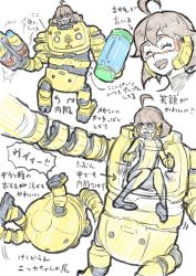 Rule 34 | 1girl, 2018, ahoge, arms (game), bodysuit, brown hair, closed eyes, goggles, headset, mecha, mechanica (arms), multiple views, nintendo, open mouth, robot, sjw kazuya, smile, transparent, white background