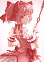 Rule 34 | 10s, 1girl, bow (weapon), dress, gloves, heart-shaped hole, kaname madoka, lain, looking back, magical girl, mahou shoujo madoka magica, mahou shoujo madoka magica (anime), mahou shoujo madoka magica movie 1 &amp; 2, pink eyes, pink hair, short twintails, smile, solo, twintails, weapon