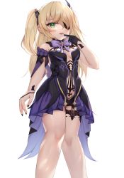 Rule 34 | 1girl, bare legs, black dress, blonde hair, breasts, dress, eyepatch, fischl (genshin impact), frilled dress, frills, genshin impact, green eyes, hair ribbon, highres, linz (linzimmm), ribbon, simple background, smile, solo, twintails, white background