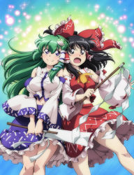 Rule 34 | 2girls, arm up, ascot, black hair, blush, bow, breasts, closed mouth, commentary request, detached sleeves, eyes visible through hair, frog hair ornament, gohei, green hair, grey eyes, hair between eyes, hair bow, hair ornament, hair tubes, hakurei reimu, hands up, holding, kochiya sanae, large breasts, long hair, looking at another, lunamoon, medium breasts, multiple girls, open mouth, purple eyes, red skirt, short hair, skirt, smile, snake hair ornament, split mouth, standing, surprised, touhou, yellow ascot