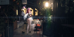 Rule 34 | 1girl, 3d background, absurdres, ass, bare shoulders, blue archive, blush, cafe, chair, clothes lift, doodle sensei (blue archive), feathered wings, flower, food, hair flower, hair ornament, halo, highres, lamp, long hair, looking back, maid headdress, mika (blue archive), night, outdoors, pantyhose, parted lips, pink hair, rodriguez (kamwing), sensei (blue archive), shoes, single shoe, skirt, skirt lift, solo, table, unworn shoes, walking, white pantyhose, white wings, wide shot, wings, yellow eyes