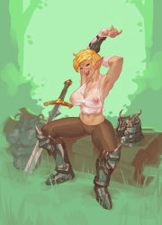 Rule 34 | 1girl, armor, armpits, bandaged arm, bandages, blonde hair, crop top, elf, exhibitionism, grass, green eyes, hairy, helmet, highres, joixxx, log, looking at viewer, midriff, navel, nipples, no bra, original, outdoors, pointy ears, public indecency, scar, see-through, see-through shirt, short hair, stretching, sweat, sword, tomboy, very short hair, weapon, wet, wet clothes