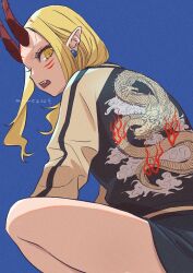 Rule 34 | 1girl, blonde hair, blue background, chinese zodiac, commentary request, dragon, dragon print, eastern dragon, facial mark, fang, fate/grand order, fate (series), highres, horns, ibaraki douji (fate), jacket, long hair, looking at viewer, looking back, mame cs5, oni, open mouth, pointy ears, simple background, solo, squatting, sukajan, year of the dragon, yellow eyes