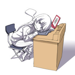 Rule 34 | 1girl, barefoot, chair, desk, drawing tablet, empty eyes, female focus, giving up the ghost, long hair, lowres, matsuryuu, partially colored, solo, track suit, white background