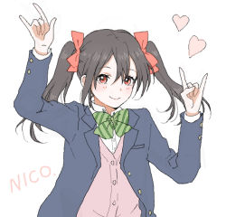 Rule 34 | 10s, 1girl, \m/, bad id, bad pixiv id, black hair, blazer, blush, bow, character name, double \m/, hair bow, hishi (k-xaby), jacket, long hair, looking at viewer, love live!, love live! school idol project, nico nico nii, red eyes, school uniform, smile, solo, sweater vest, twintails, yazawa nico