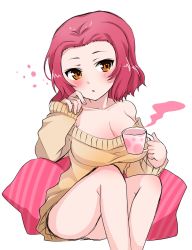 Rule 34 | 1girl, airi (akamichiaika), bare shoulders, bean bag chair, blush, breasts, casual, cleavage, commentary, cup, girls und panzer, head tilt, highres, holding, holding cup, large breasts, long sleeves, looking at viewer, medium hair, no pants, off-shoulder sweater, off shoulder, orange eyes, parted lips, red hair, rosehip (girls und panzer), simple background, sleepy, sleeves past wrists, solo, steam, sweater, teacup, white background, yellow sweater