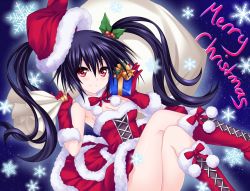 Rule 34 | 1girl, armpits, bare shoulders, black hair, blush, boots, breasts, christmas, cleavage, detached collar, dress, fur trim, gift, gloves, hat, highres, holding, holding gift, long hair, looking at viewer, medium breasts, nekologia, neptune (series), noire (neptunia), red dress, red eyes, red footwear, red gloves, santa hat, smile, snowflakes, solo, strapless, tube top, twintails