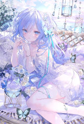 Rule 34 | 1girl, bare shoulders, blue eyes, blue hair, blue ribbon, blue sky, butterfly hair ornament, cloud, cloudy sky, collarbone, commentary, day, dress, english commentary, feet out of frame, flower, hair between eyes, hair flower, hair ornament, hands up, highres, horizon, long hair, looking at viewer, ocean, onineko, original, outdoors, parted lips, pillow, ribbon, see-through, sky, solo, two side up, very long hair, water, white dress, white flower