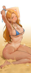 Rule 34 | 1girl, absurdres, armpits, arms up, ass, bare arms, bare shoulders, barefoot, bikini, blonde hair, blue bikini, blush, bottomless, breasts, disto, earrings, highres, jewelry, long hair, looking at viewer, medium breasts, one-piece tan, open mouth, sand, silent war, simple background, sitting, solo, sophie min, summer, sweat, swimsuit, tan, tanline, yansae, yellow eyes