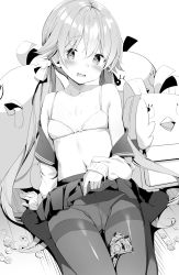 Rule 34 | 1girl, backpack, bag, barefoot, blue archive, blush, bra, clothes lift, coin, collarbone, flat chest, greyscale, hair flaps, halo, hifumi (blue archive), highres, kinokomushi, lifting own clothes, long hair, long sleeves, looking at viewer, low twintails, money, monochrome, navel, on floor, open clothes, open mouth, panties, pantyhose, peroro (blue archive), pleated skirt, sailor collar, sitting, skirt, skirt lift, solo, sweat, tears, twintails, underwear, wariza, yen