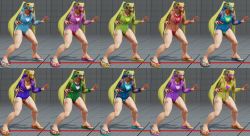 Rule 34 | 1girl, 3d, alternate color, alternate costume, blonde hair, capcom, domino mask, fighting stance, highres, hood, hoodie, mask, one-piece swimsuit, rainbow mika, sandals, see-through, street fighter, street fighter v, swimsuit, swimsuit under clothes, twintails, variations