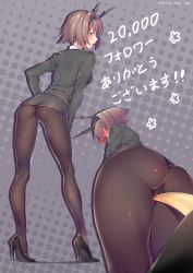Rule 34 | 10s, 1girl, alternate costume, ass, black footwear, black jacket, black panties, blush, brown hair, cameltoe, commentary request, embarrassed, from below, full-face blush, green eyes, grey background, headgear, high heels, highres, jacket, kantai collection, leaning forward, legs together, lips, looking at viewer, looking to the side, milestone celebration, miniskirt, multiple views, mutsu (kancolle), obiwan, open mouth, panties, panties under pantyhose, pantyhose, shiny skin, shirt, shoes, short hair, skirt, translation request, twitter username, underwear, white shirt