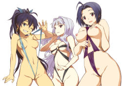 Rule 34 | 3girls, ahoge, bare shoulders, between breasts, bikini, bikini pull, black hair, breasts, clothes between breasts, clothes pull, collarbone, earrings, eyebrows, fang, female focus, flashing, ganaha hibiki, gluteal fold, green eyes, grin, groin, hair intakes, hair ribbon, hairband, highres, idolmaster, idolmaster (classic), jewelry, large breasts, legs apart, long hair, looking at viewer, melon sakiguchi, miura azusa, multiple girls, navel, nipples, o-ring, o-ring bikini, one-piece swimsuit pull, one eye closed, open mouth, parted lips, partially visible vulva, ponytail, purple eyes, red eyes, ribbon, shijou takane, short hair, silver hair, simple background, skindentation, slingshot swimsuit, smile, standing, swimsuit, teeth, uncensored, white background, wink