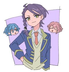 Rule 34 | 1boy, 2girls, :d, alternate hair length, alternate hairstyle, blue eyes, blue hair, blue jacket, borrowed hairstyle, braid, brother and sister, chibi, chibi inset, closed eyes, closed mouth, collared shirt, commentary request, cropped torso, dorothy west, hand on own hip, jacket, long sleeves, looking at viewer, mole, mole under eye, multiple girls, necktie, open mouth, paprika private academy school uniform, pink hair, pretty series, pripara, purple hair, red necktie, reona west, rituyama1, school uniform, shirt, short hair, siblings, side braid, smile, solo focus, toudou shion, trap, twins, upper body, vest, white shirt, yellow eyes, yellow vest