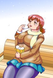 Rule 34 | 1girl, blush, breasts, brown eyes, eating, fat, gradient background, highres, huge breasts, inamori futayo, original, orizen, outdoors, red hair, simple background, snow, snowing, solo, winter