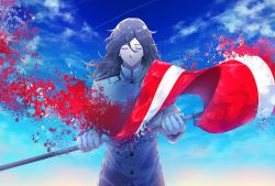 Rule 34 | 1boy, black hair, blue sky, closed eyes, commentary, disintegration, facing viewer, fate/grand order, fate (series), flag, gloves, hair between eyes, hair down, holding, holding flag, jacket, long hair, male focus, masaki (star8moon), sakamoto ryouma (fate), sky, smile, solo, straight-on, upper body, white gloves, white jacket