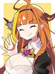 Rule 34 | 1girl, ahoge, blonde hair, blunt bangs, bow, braid, breasts, cleavage, closed eyes, dragon horns, facing viewer, grin, hairband, highres, hololive, horn bow, horn ornament, horns, kiryu coco, kiryu coco (1st costume), large breasts, long hair, multicolored hair, mzh, orange hair, pointy ears, ribbon, side braid, simple background, smile, solo, streaked hair, striped, striped bow, upper body, very long hair, virtual youtuber, waving
