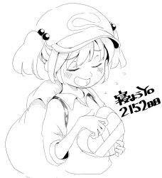 Rule 34 | 1girl, backpack, bag, box, cactas7, closed eyes, commentary request, flat cap, hair bobbles, hair ornament, hat, heart-shaped box, highres, kawashiro nitori, monochrome, open mouth, simple background, smile, solo, touhou, two side up, upper body, valentine