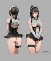 Rule 34 | 1girl, ass, back, black hair, black panties, black skirt, breasts, bridal garter, brooch, bustier, character sheet, closed mouth, commentary request, corset, crop top, cropped legs, dated, gloves, grey background, groin, high ponytail, highres, jewelry, large breasts, long hair, looking at viewer, maid, maid headdress, microskirt, multiple views, original, panties, ponytail, purple eyes, sidelocks, simple background, skirt, smile, triangle bullet, underboob, underwear, v arms, white gloves