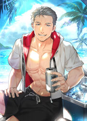 Rule 34 | 1boy, abs, bara, bare pectorals, beach, beer can, black male swimwear, can, collarbone, cooler, drink can, facial hair, grey eyes, grey hair, grin, highres, holding, holding can, hood, hood down, hoodie, ice, ice cube, jacket, looking at viewer, maimoto keisuke, male focus, male swimwear, nijisanji, ojica, outdoors, palm tree, pectorals, short hair, short sleeves, sitting, smile, stubble, swim trunks, tree, virtual youtuber, wet, white jacket