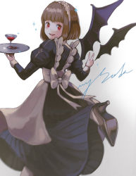 Rule 34 | 1girl, absurdres, artist name, back bow, bat wings, black dress, bow, brown hair, dress, high heels, highres, holding, holding tray, long sleeves, looking at viewer, looking back, maid, maid headdress, mysoda, plate, puffy long sleeves, puffy sleeves, red eyes, short hair, standing, tray, white bow, wings