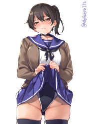 Rule 34 | 1girl, alternate costume, black thighhighs, blue sailor collar, blue skirt, blush, brown cardigan, brown eyes, brown hair, cardigan, clothes lift, competition swimsuit, cowboy shot, ebifurya, groin, hair between eyes, highres, kaga (kancolle), kantai collection, lifted by self, lips, long sleeves, one-piece swimsuit, pleated skirt, sailor collar, school uniform, serafuku, short hair, side ponytail, simple background, skirt, skirt lift, solo, swimsuit, swimsuit under clothes, thighhighs, twitter username, white background