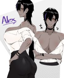 Rule 34 | +++, 1girl, alex (cero rains), arms under breasts, ass, black hair, blue hair, breasts, cero rains, character name, choker, cleavage, collar, commentary, dark-skinned female, dark skin, earrings, english commentary, highres, huge breasts, jewelry, looking at viewer, medium hair, mole, mole on armpit, multicolored hair, multiple views, off-shoulder shirt, off shoulder, orange eyes, original, pants, shirt, spiked choker, spikes, streaked hair, two-tone hair