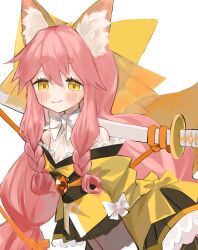 Rule 34 | 1girl, absurdres, animal ear fluff, animal ears, bfmelu, blush, bow, bowtie, closed mouth, cowboy shot, fate/samurai remnant, fate (series), fox ears, hair bow, highres, japanese clothes, kimono, large bow, long hair, looking at viewer, pink hair, sidelocks, simple background, sleeve bow, sleeves past fingers, sleeves past wrists, smile, solo, tamamo (fate), tamamo aria (fate), white background, white bow, white bowtie, yellow bow, yellow eyes, yellow kimono