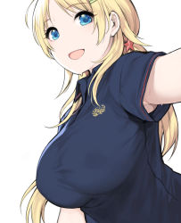 Rule 34 | 1girl, :d, armpits, blonde hair, blue eyes, blue shirt, breasts, collared shirt, hachimiya meguru, hair ornament, highres, idolmaster, idolmaster shiny colors, large breasts, long hair, looking at viewer, no nose, open mouth, shirt, simple background, smile, solo, star (symbol), star hair ornament, sunaba suzume, sweat, sweaty clothes, upper body, white background, wing collar