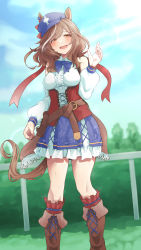 Rule 34 | 1girl, absurdres, belt pouch, blurry, blurry background, blush, boots, breasts, brown eyes, brown hair, cloud, commentary request, fence, hair ornament, hairclip, highres, looking at viewer, matikane tannhauser (umamusume), medium breasts, medium hair, open mouth, pouch, sky, solo, tokufumi, umamusume