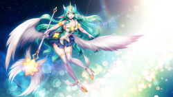 Rule 34 | 1girl, alternate costume, alternate skin color, animal ears, armlet, bare shoulders, blue skirt, boots, breasts, cleavage, feathers, gloves, green eyes, green hair, high heel boots, high heels, highres, holding, holding staff, horns, league of legends, lipstick, long hair, looking at viewer, magical girl, makeup, miniskirt, open mouth, pleated skirt, ruzi, single horn, skirt, soraka (league of legends), staff, star guardian (league of legends), star guardian soraka, thigh boots, thighhighs, very long hair, white gloves, white thighhighs, wings